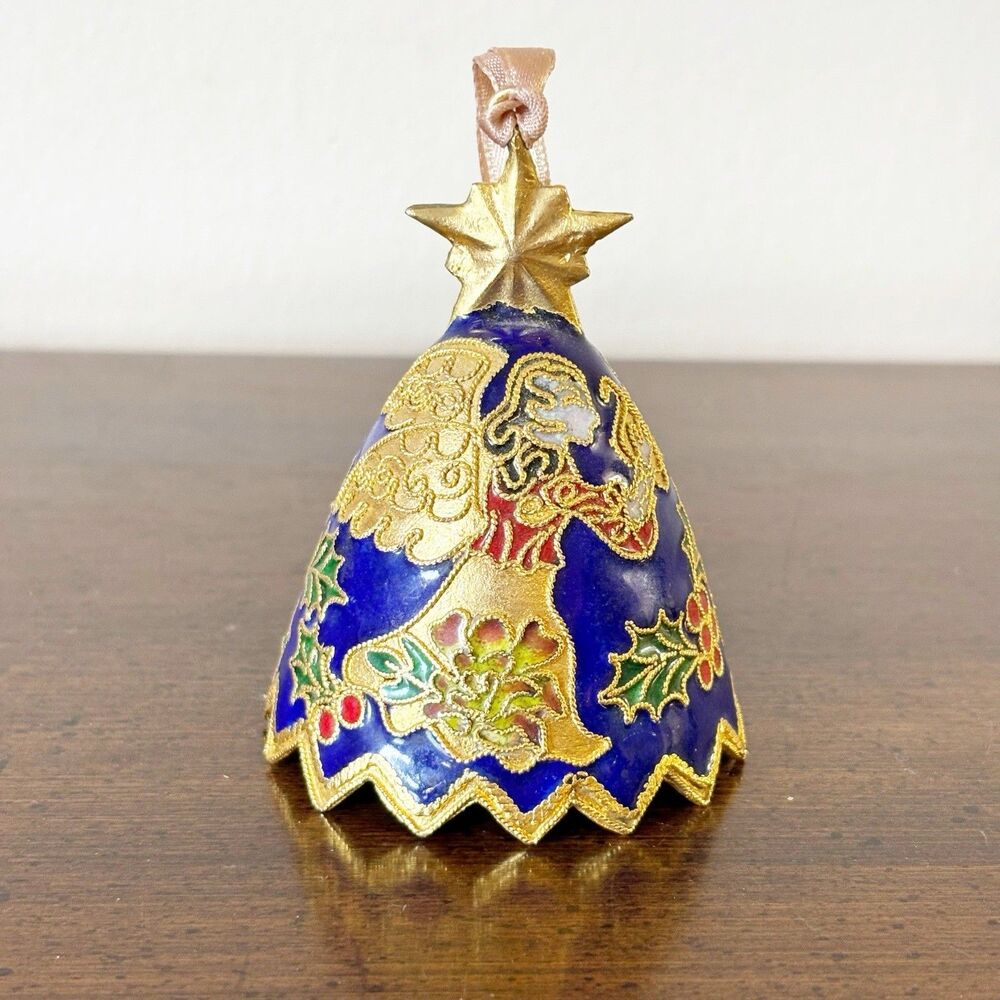 Cloisonné Bell Christmas Ornament Enamelware Angel 2.25” Ganz Gold Blue